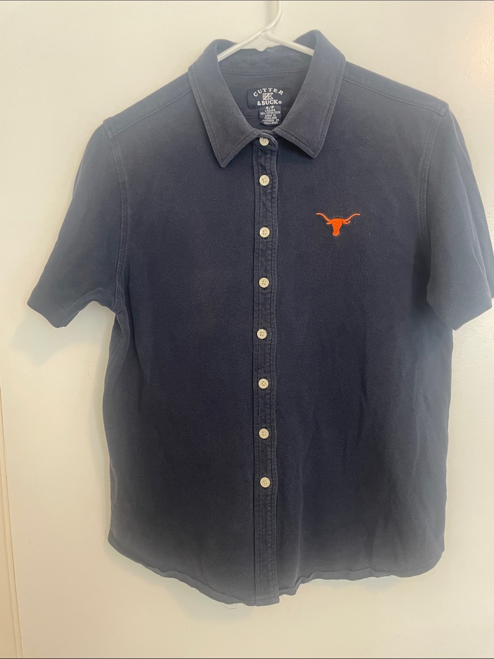 Cutter & Buck Navy Texas Longhorns Pique Cotton Short Sleeve Button Polo Shirt S